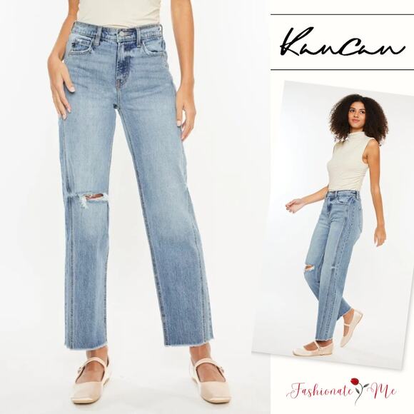 Kancan Ultra High Rise Distressed Knee Raw Hem Medium Wash Straight Denim Jeans - Picture 1 of 6
